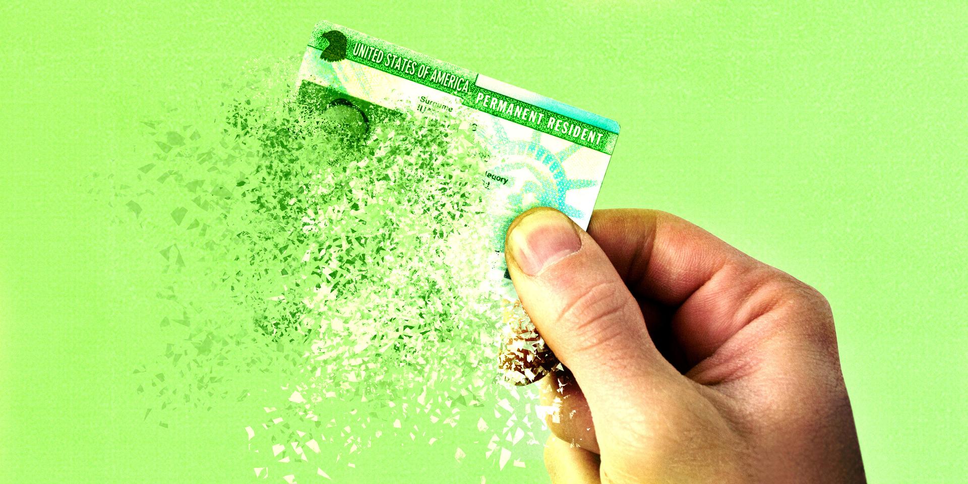 An illustration of an evaporating green card.