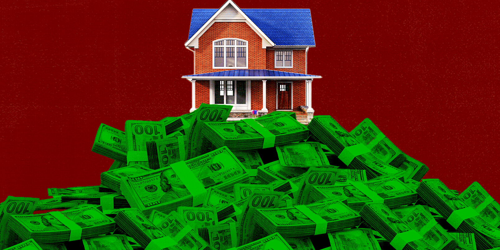 A gif of a house sitting on top of a mountain of money. 