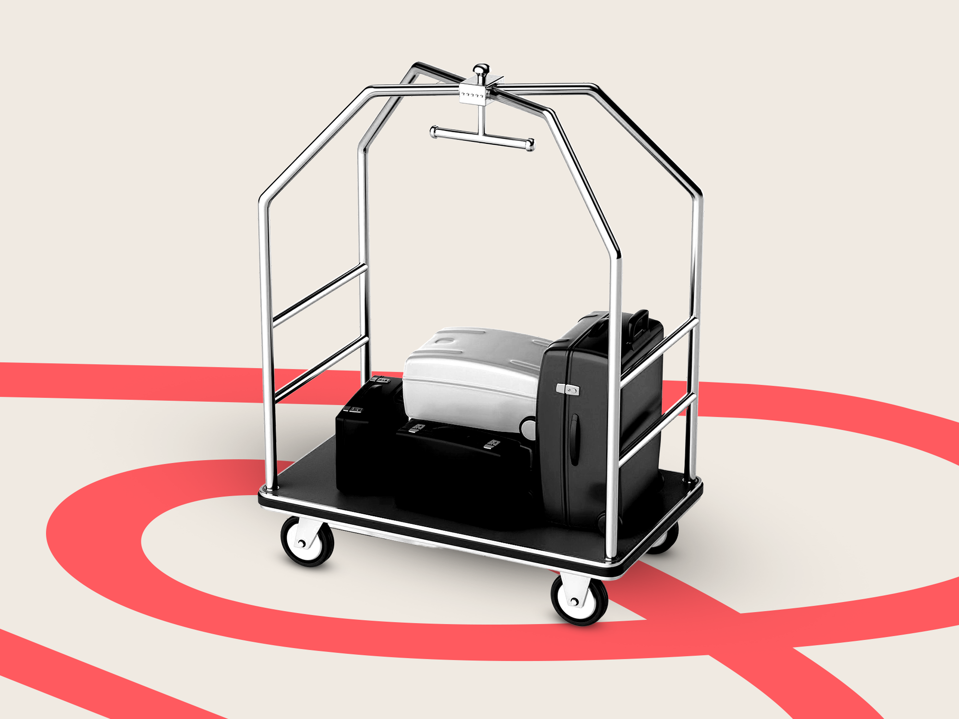 A hotel luggage cart sitting on the Airbnb logo.