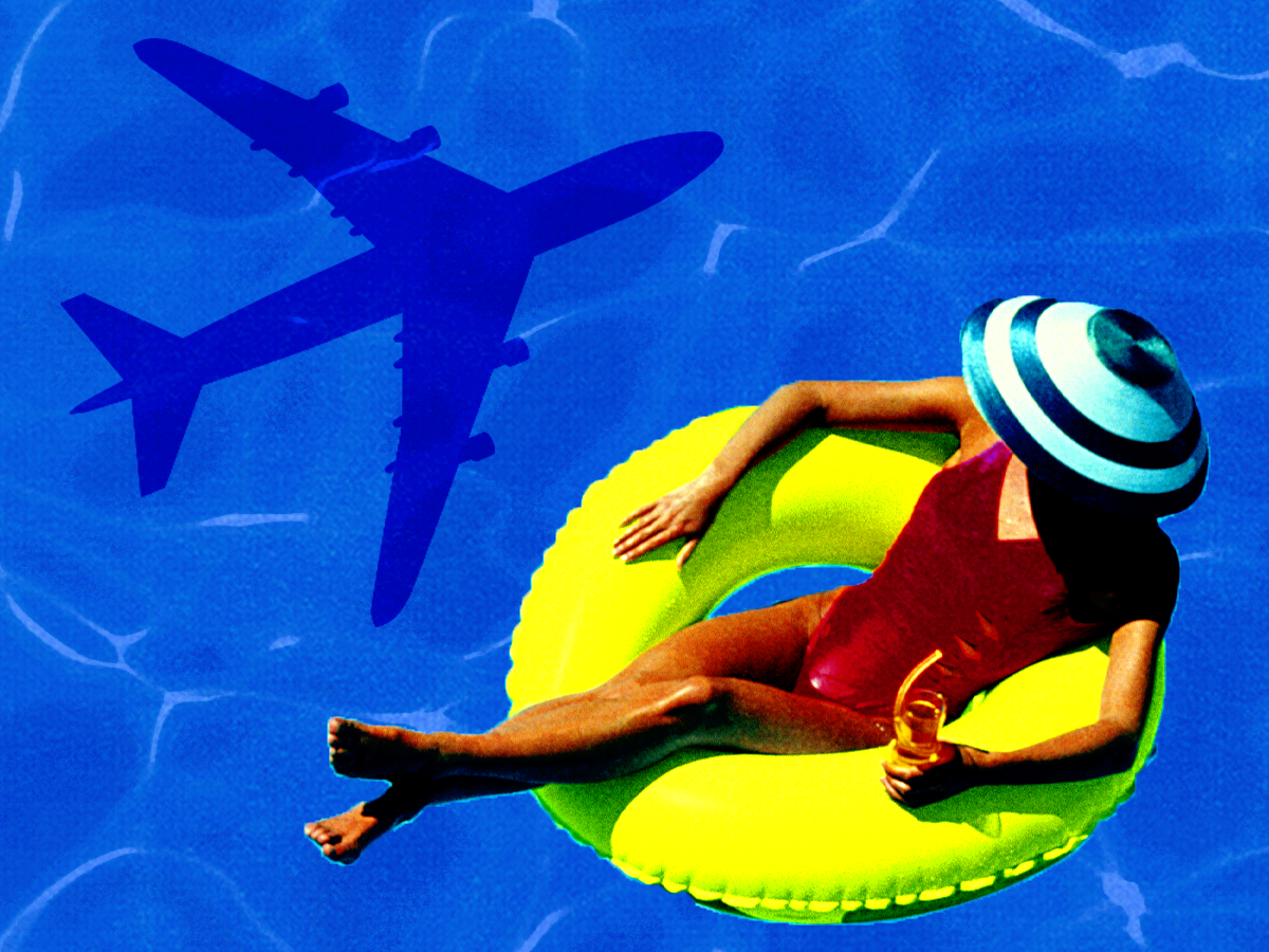 A woman in a pool floatie. There's a shadow of a plane reflected in the pool.