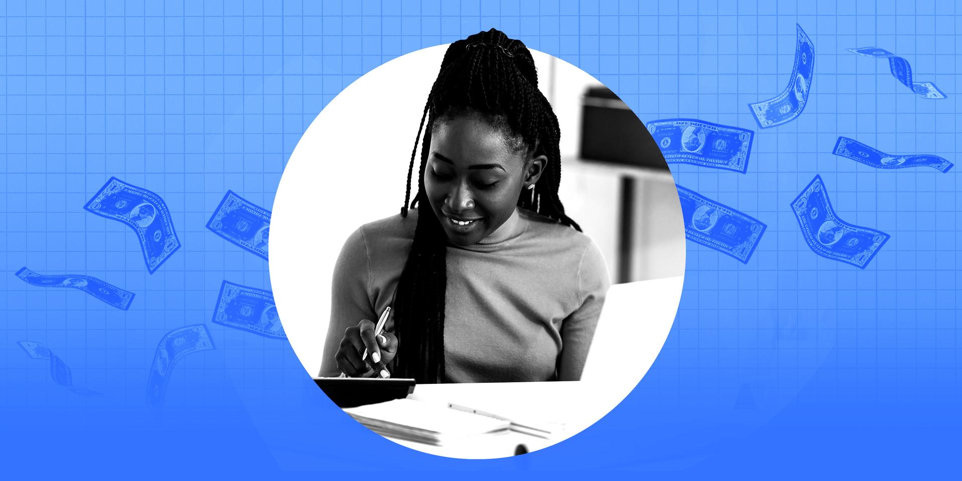 A woman looking at a tablet or notebook.