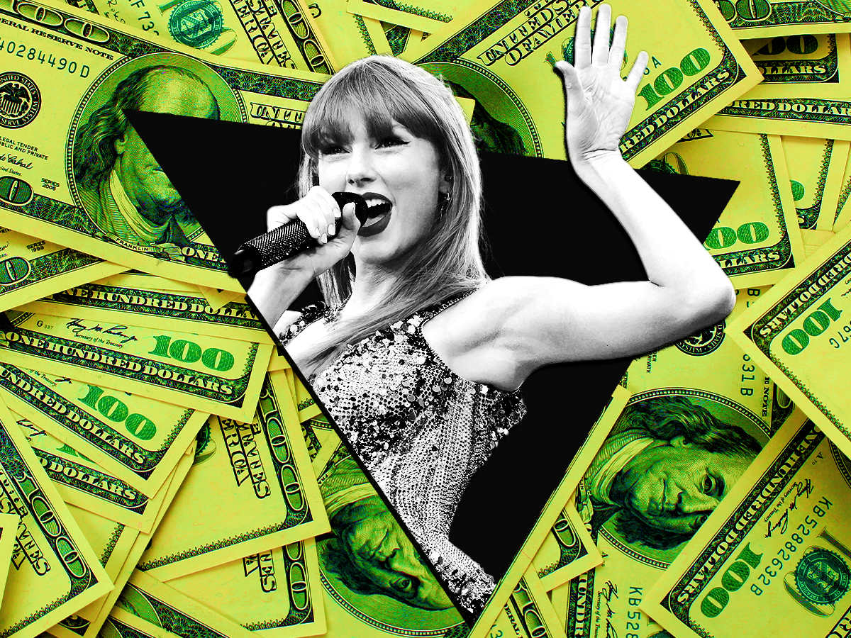A photo illustration of Taylor Swift preforming on her Eras Tour. There are $100 bills in the foreground.