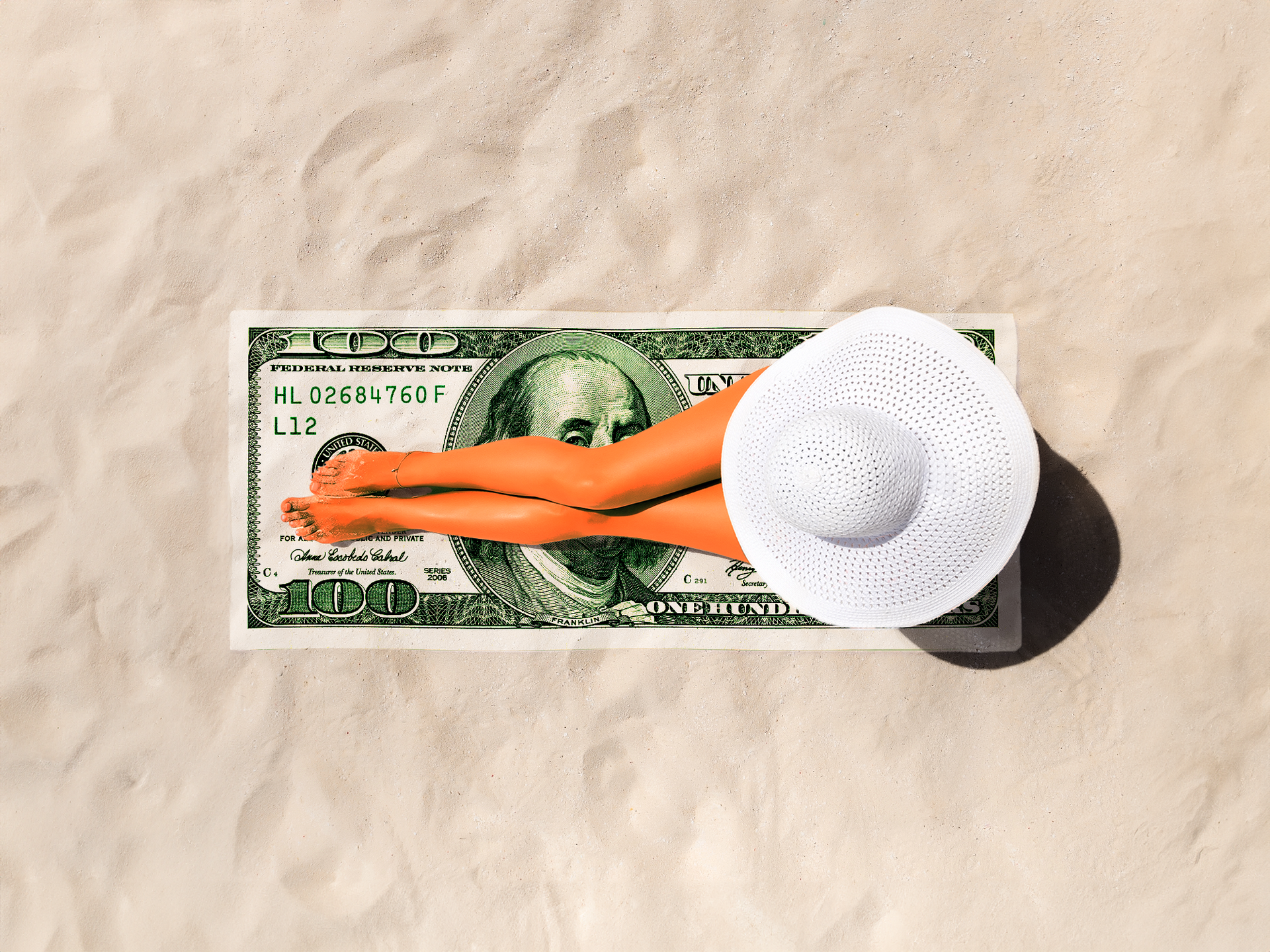 Photo illustration of woman in sunhat lying on beach towel that is a hundred dollar bill