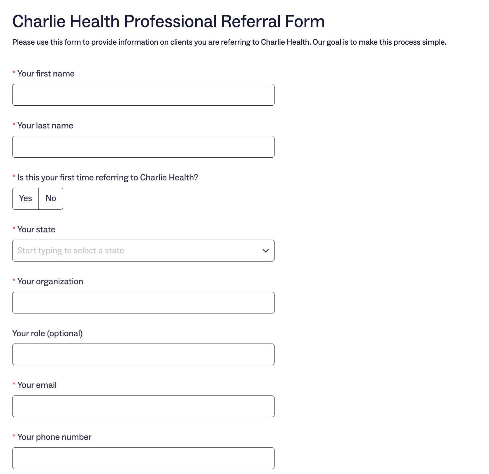 Charlie Health Professional Referral Form