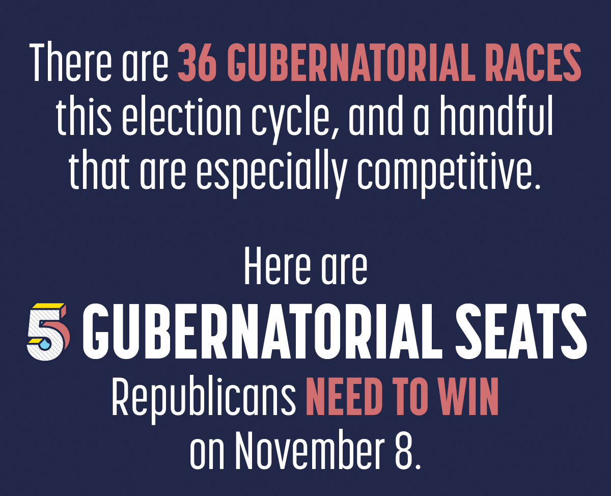 Here are 5 GUBERNATORIAL SEATS Republicans need to win on November 8.