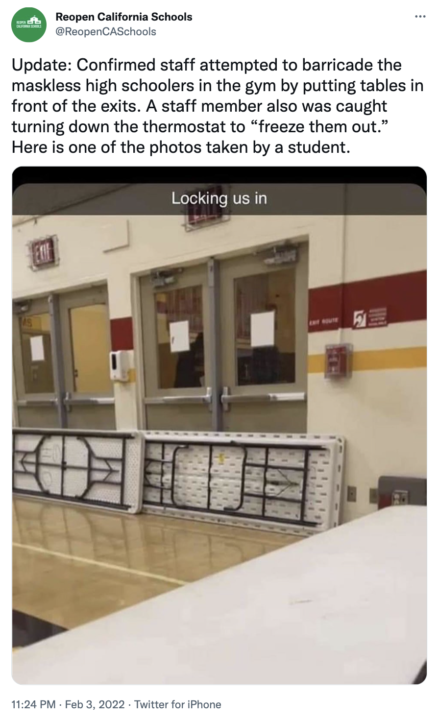 Update: Confirmed staff attempted to barricade the maskless high school students in the gym...