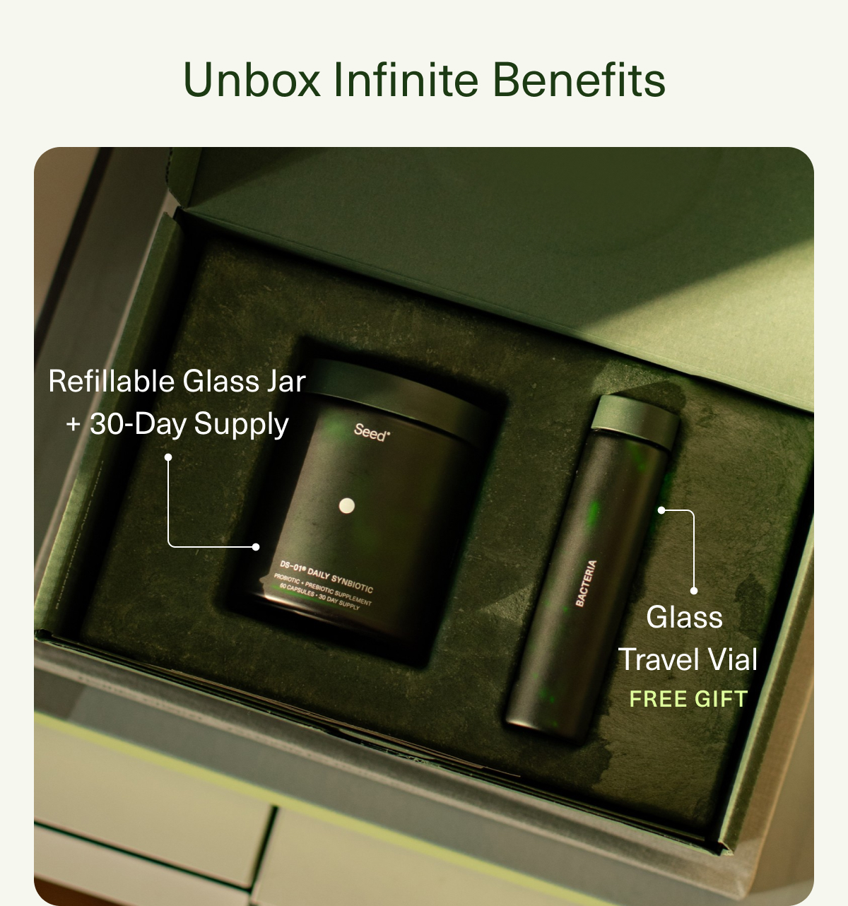 Unbox Infinite Benefits | Refillable Glass Jar + 30-Day Supply | Glass Travel Vial FREE GIFT