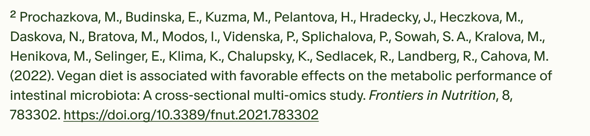 ²Prochazkova, M., Budinska, E., Kuzma, M., Pelantova, H., Hradecky, J., Heczkova, M., Daskova, N., Bratova, M., Modos, I., Videnska, P., Splichalova, P., Sowah, S. A., Kralova, M., Henikova, M., Selinger, E., Klima, K., Chalupsky, K., Sedlacek, R., Landberg, R., Cahova, M. (2022). Vegan diet is associated with favorable effects on the metabolic performance of intestinal microbiota: A cross-sectional multi-omics study. Frontiers in Nutrition, 8, 783302. https://doi.org/10.3389/fnut.2021.783302