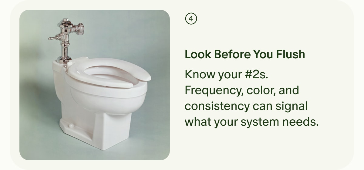 4 | Look Before You Flush | Know your #2s. Frequency, color, and consistency can signal what your system needs.