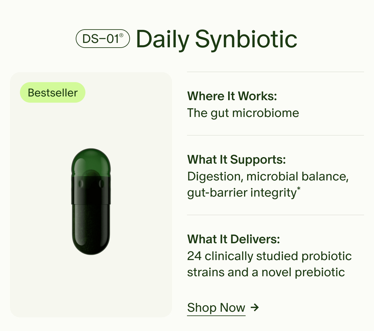 DS–01® Daily Synbiotic | Bestseller | Where It Works: The gut microbiome | What It Supports: Digestion, microbial balance, gut-barrier integrity* | What It Delivers: 24 clinically studied probiotic strains and a novel prebiotic | Shop Now