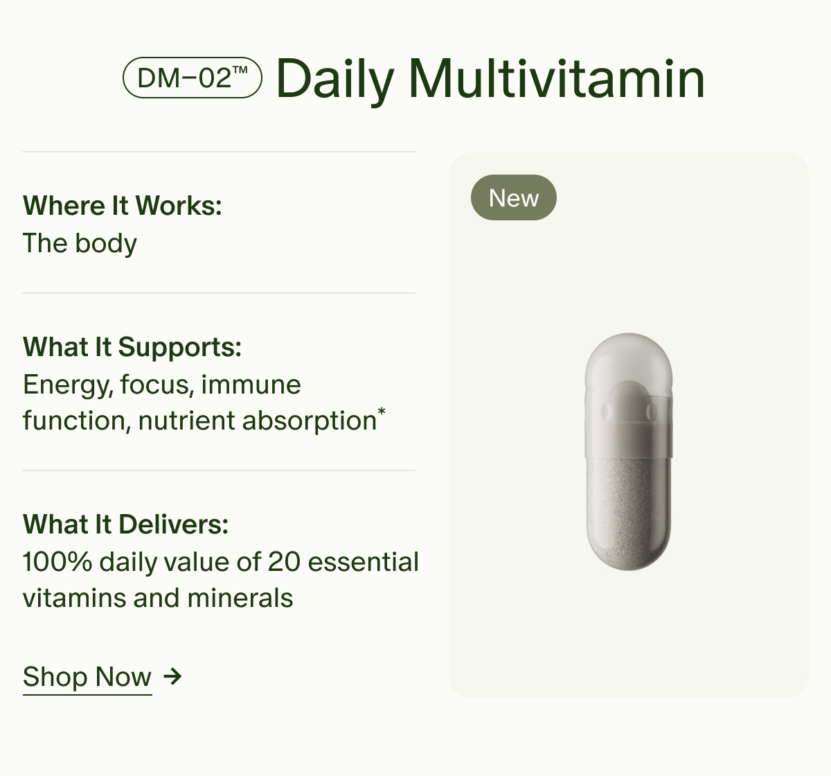 DM–02™ Daily Multivitamin | New | Where It Works: The body | What It Supports: Energy, focus, immune function, nutrient absorption* | What It Delivers: 100% daily value of 20 essential vitamins and minerals | Shop Now