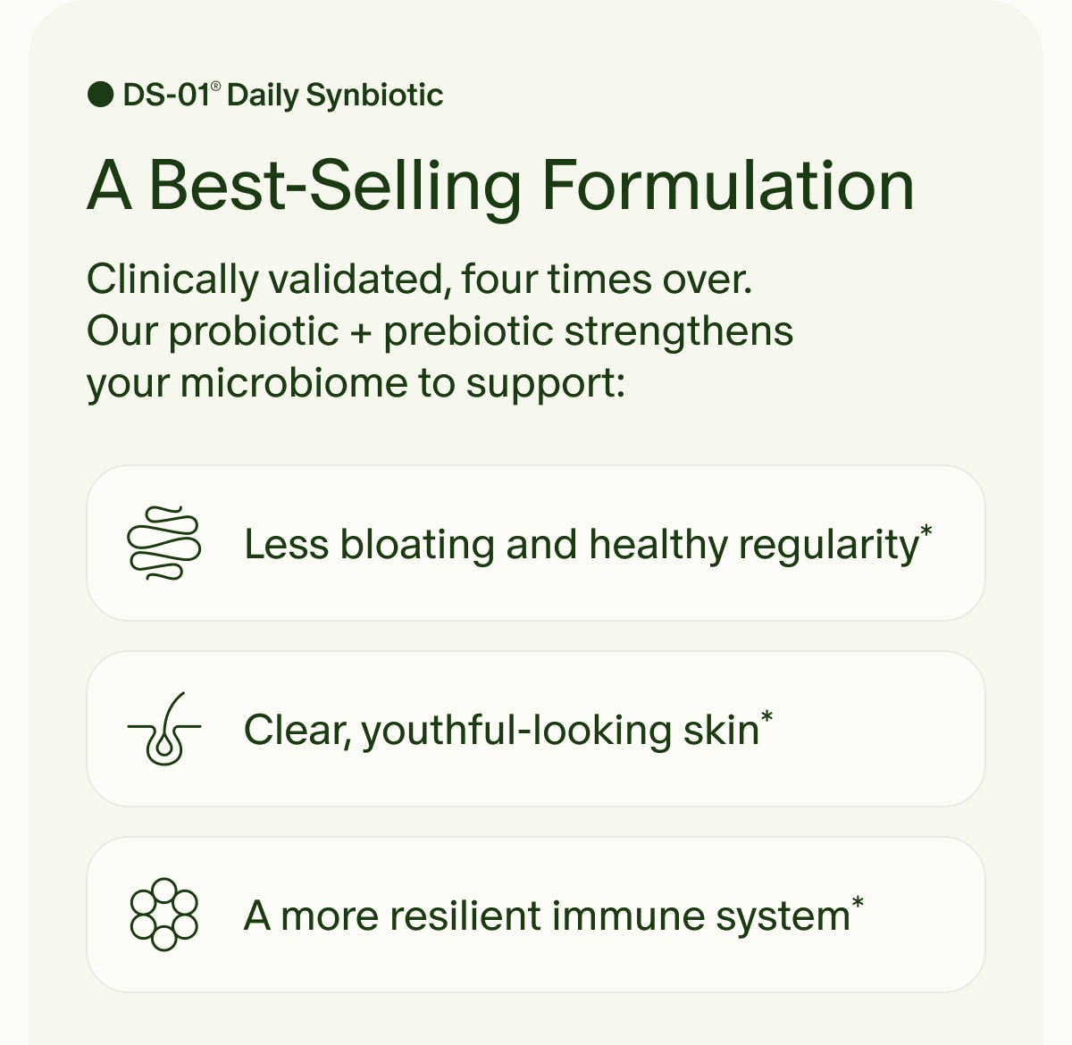 DS-01® Daily Synbiotic | A Best-Selling Formulation | Clinically validated, four times over. Our probiotic + prebiotic strengthens your microbiome to support: | Less bloating and healthy regularity* | Clear, youthful-looking skin* | A more resilient immune system*