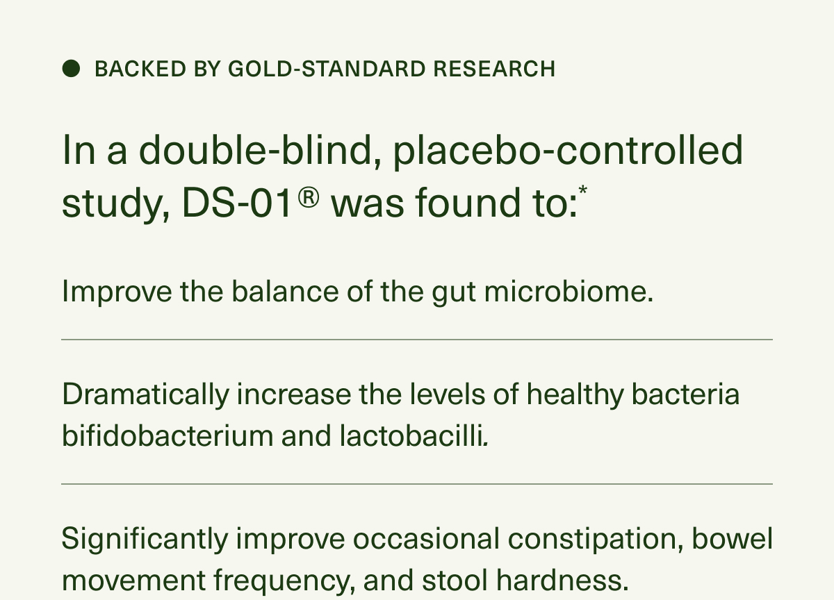 BACKED BY GOLD-STANDARD RESEARCH | In a double-blind, placebo-controlled study, DS-01® was found to:* Improve the balance of the gut microbiome. | Dramatically increase the levels of healthy bacteria bifidobacterium and lactobacilli. | Significantly improve occasional constipation, bowel movement frequency, and stool hardness.