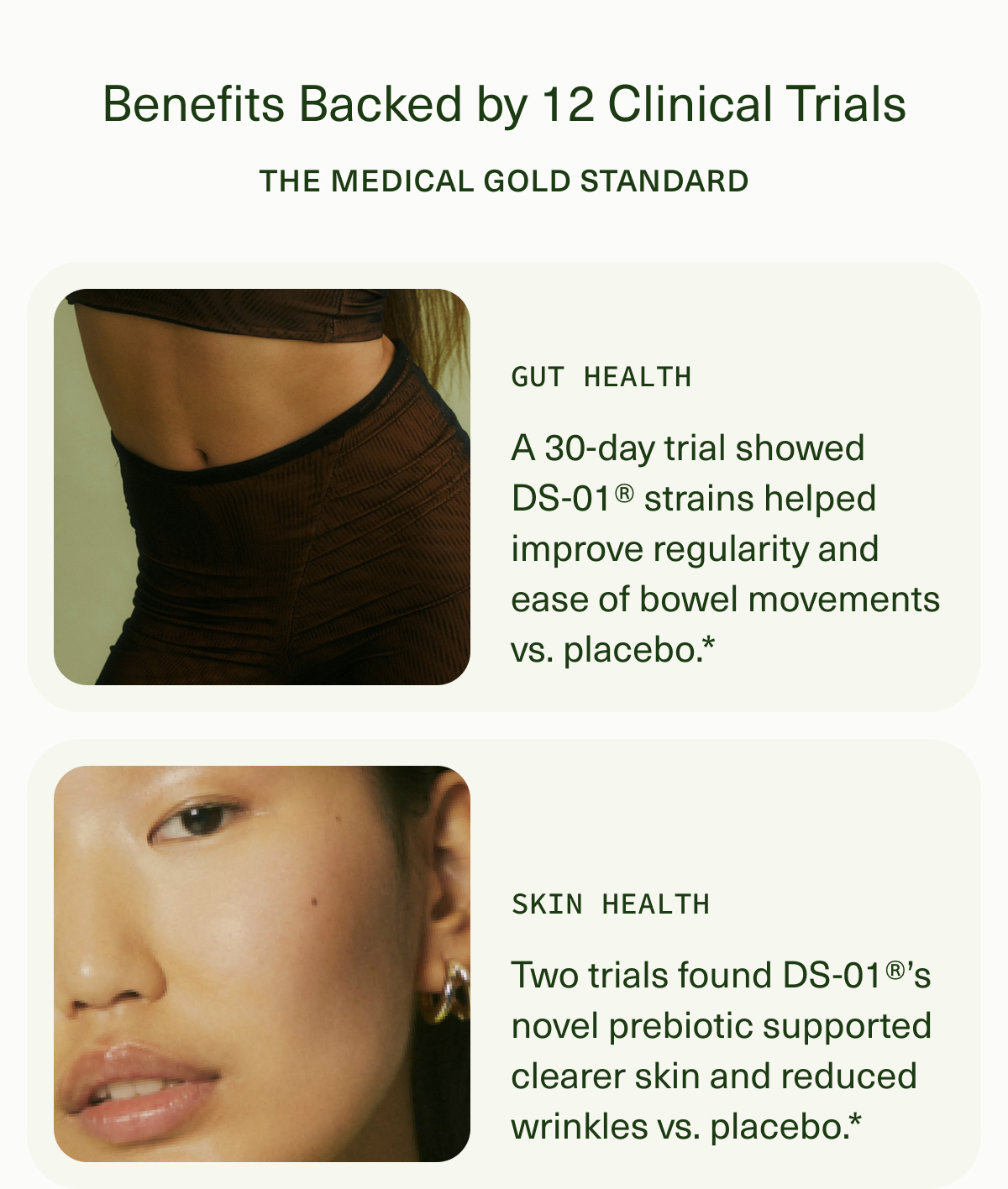 Benefits Backed by 12 Clinical Trials | THE MEDICAL GOLD STANDARD | GUT HEALTH | A 30-day trial showed DS-01® strains helped improve regularity and ease of bowel movements vs. placebo.* | SKIN HEALTH | Two trials found DS-01®’s novel prebiotic supported clearer skin and reduced wrinkles vs. placebo.*