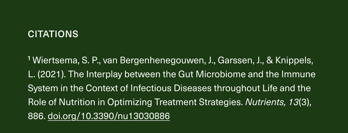CITATIONS | ¹ Wiertsema, S. P., van Bergenhenegouwen, J., Garssen, J., & Knippels, L. (2021). The Interplay between the Gut Microbiome and the Immune System in the Context of Infectious Diseases throughout Life and the Role of Nutrition in Optimizing Treatment Strategies. Nutrients, 13(3), 886. doi.org/10.3390/nu13030886