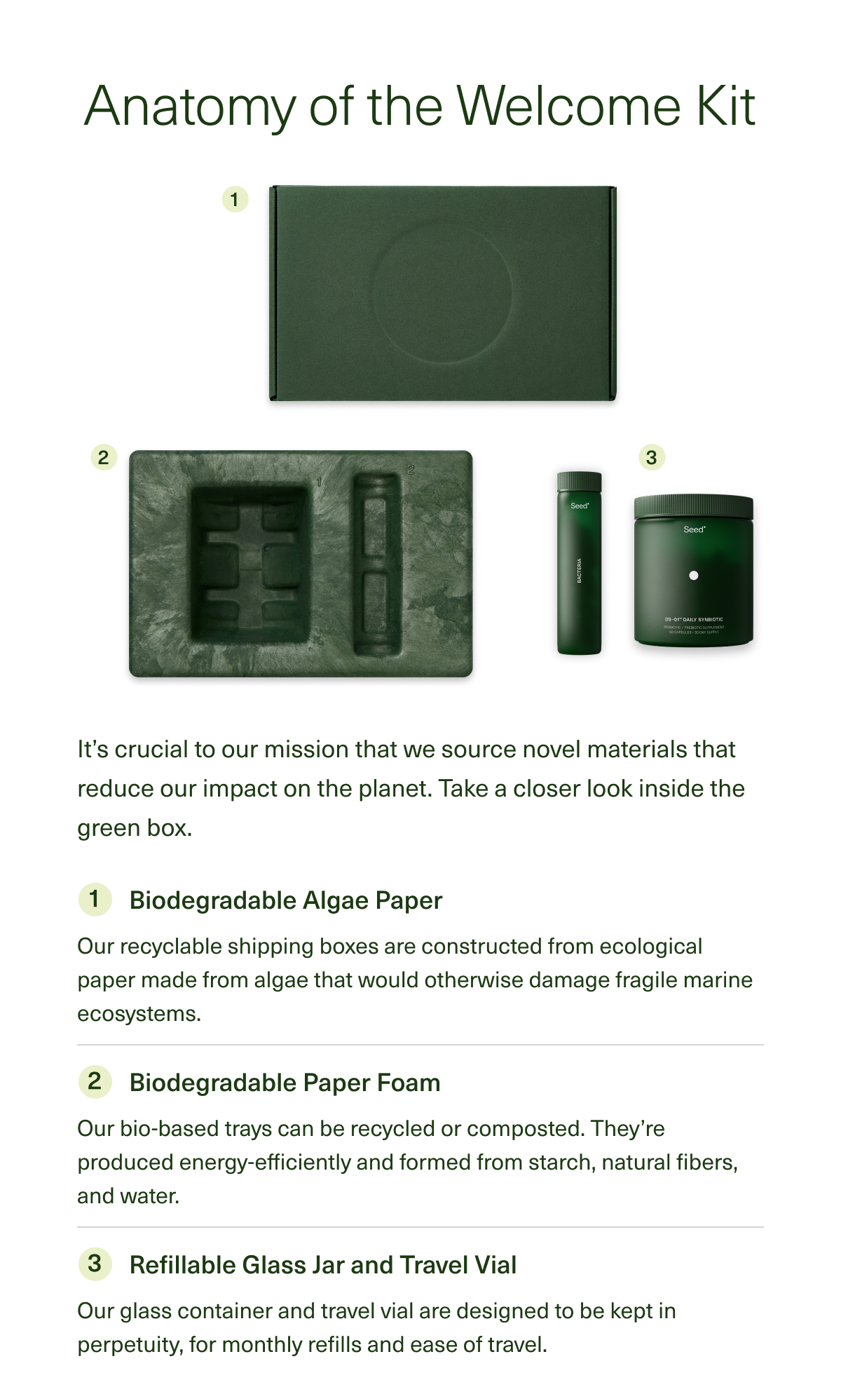  Anatomy of the Welcome Kit It's crucial to our mission that we source materials that reduce our impact on the planet—from our green box to our bio-based trays. Take a closer look. Biodegradable Algae Paper Our recyclable shipping boxes are constructed from ecological paper made from algae that would otherwise damage fragile marine ecosystems. Biodegradable Paper Foam Our bio-based trays can be recycled or composted. They’re produced energy-efficiently and formed from starch, natural fibers, and water. Refillable Glass Jar and Travel Vial Our glass container and travel vial are designed to be kept in perpetuity, for monthly refills and ease of travel.