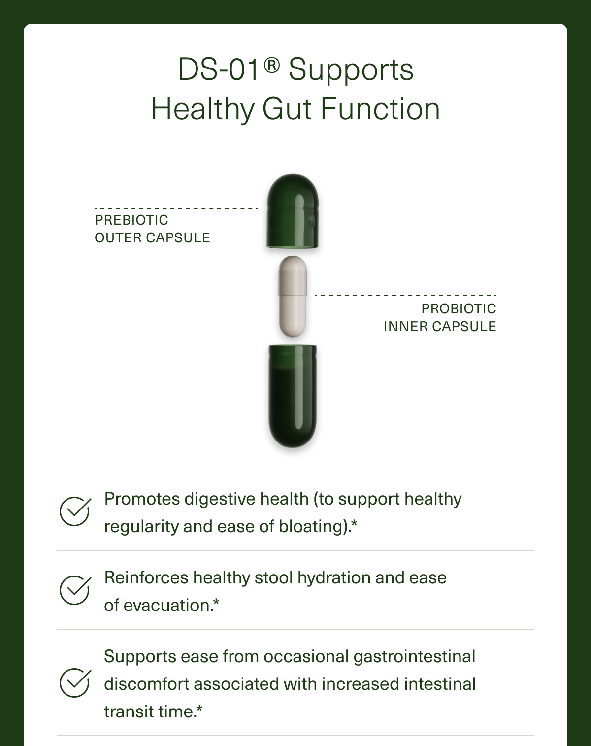 DS-01® Supports Healthy Gut Function Promotes digestive health (to support healthy regularity and ease of bloating).* Reinforces healthy stool hydration and ease  of evacuation.* Supports gut ease from occasional gastrointestinal discomfort associated with increased intestinal  transit time.*