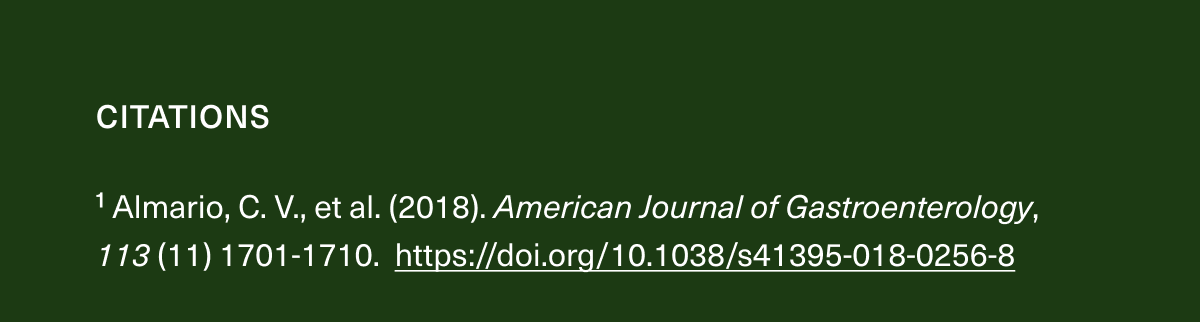 1. Almario, C. V., et al. (2018). American Journal of Gastroenterology, 113 (11) 1701-1710. Doi: 10.1038/s41395-018-0256-8