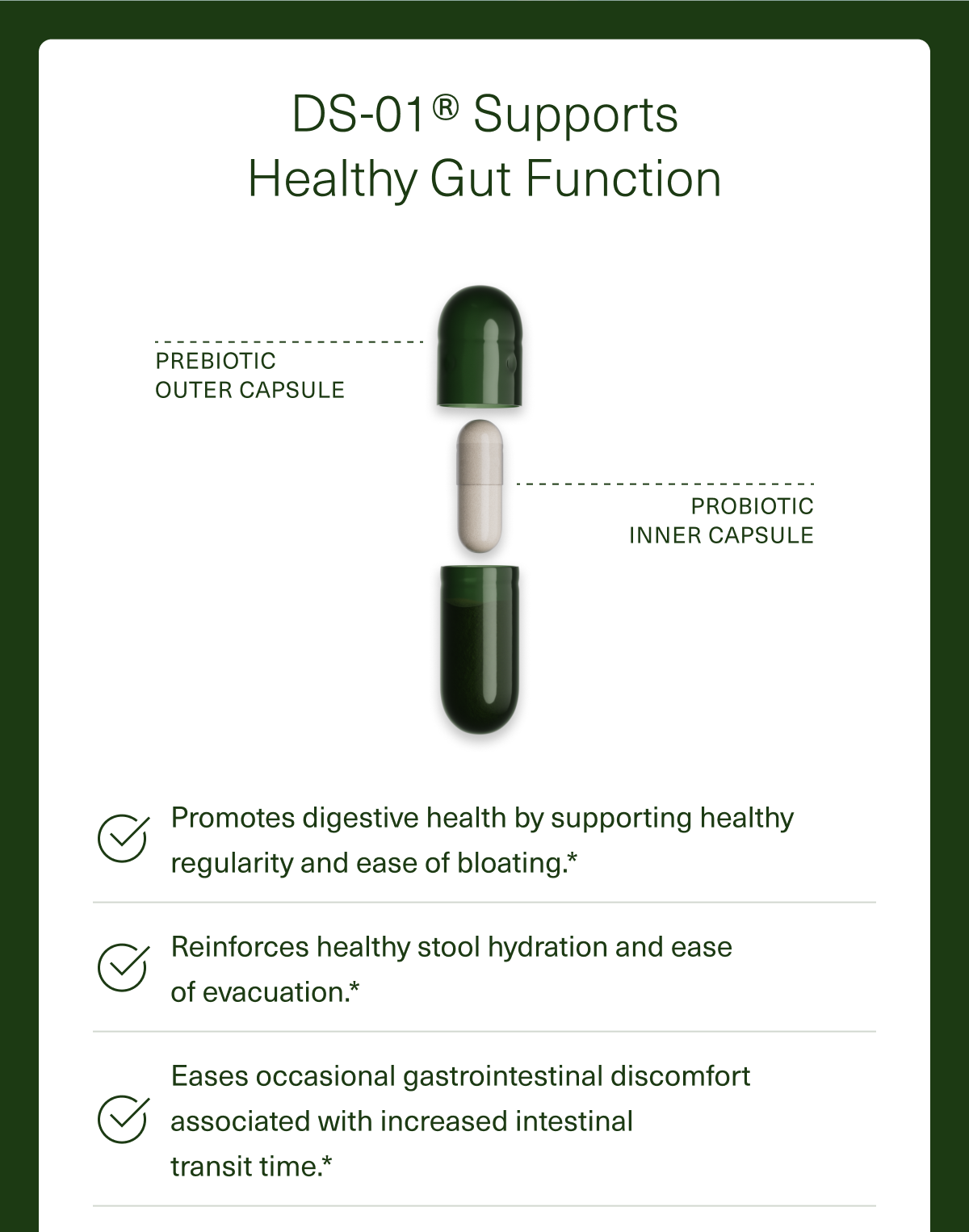 DS-01® Supports Healthy Gut Function Promotes digestive health by supporting healthy regularity and ease of bloating.* Reinforces healthy stool hydration and ease  of evacuation.* Eases occasional gastrointestinal discomfort associated with increased intestinal  transit time.*