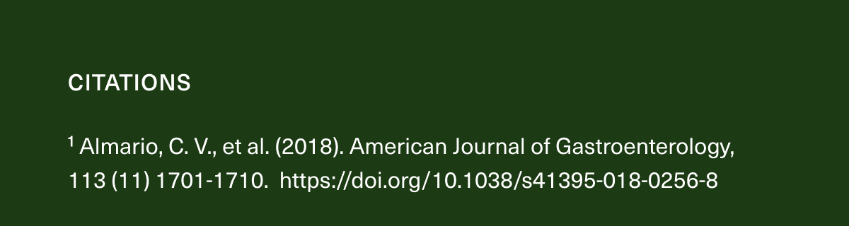 Citations 1 Almario, C. V., et al. (2018). American Journal of Gastroenterology, 113 (11) 1701-1710. https://doi.org/10.1038/s41395-018-0256-8