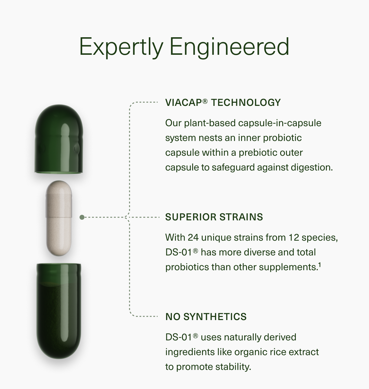 Expertly Engineered | VIACAP® TECHNOLOGY | Our plant-based capsule-in-capsule system nests an inner probiotic capsule within a prebiotic outer capsule to safeguard against digestion. | SUPERIOR STRAINS | With 24 unique strains from 12 species, DS-01® has more diverse and total probiotics than other supplements.¹ | NO SYNTHETICS | DS-01® uses naturally derived ingredients like organic rice extract to promote stability.