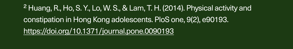 2 Huang, R., Ho, S. Y., Lo, W. S., & Lam, T. H. (2014). Physical activity and constipation in Hong Kong adolescents. PloS one, 9(2), e90193. https://doi.org/10.1371/journal.pone.0090193