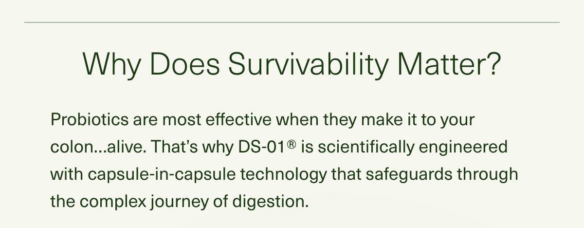 Why Does Survivability Matter? Probiotics are most effective when they make it to your colon…alive. That’s why DS-01® is scientifically engineered with capsule-in-capsule technology that safeguards through the complex journey of digestion.