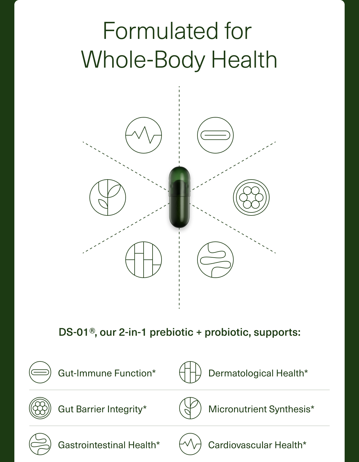 Formulated for Whole-Body Health. DS-01®, our 2-in-1 prebiotic + probiotic, supports: Gut-Immune Function*, Dermatological Health*, Gut Barrier Integrity*, Micronutrient Synthesis*, Gastrointestinal Health*, Cardiovascular Health*.