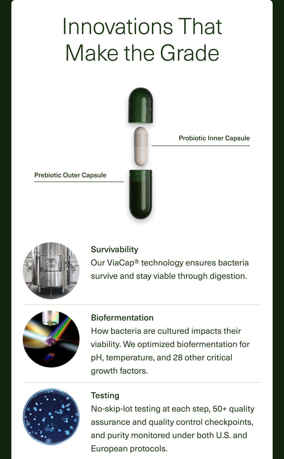 Innovations That Make the Grade. Prebiotic Outer Capsule. Probiotic Inner Capsule. Survivability Our ViaCap® technology ensures bacteria survive and stay viable through digestion. Biofermentation How bacteria are cultured impacts their viability. We optimized biofermentation for pH, temperature, and 28 other critical growth factors. Testing No-skip-lot testing at each step, 50+ quality assurance and quality control checkpoints, and purity monitored under both U.S. and European protocols.