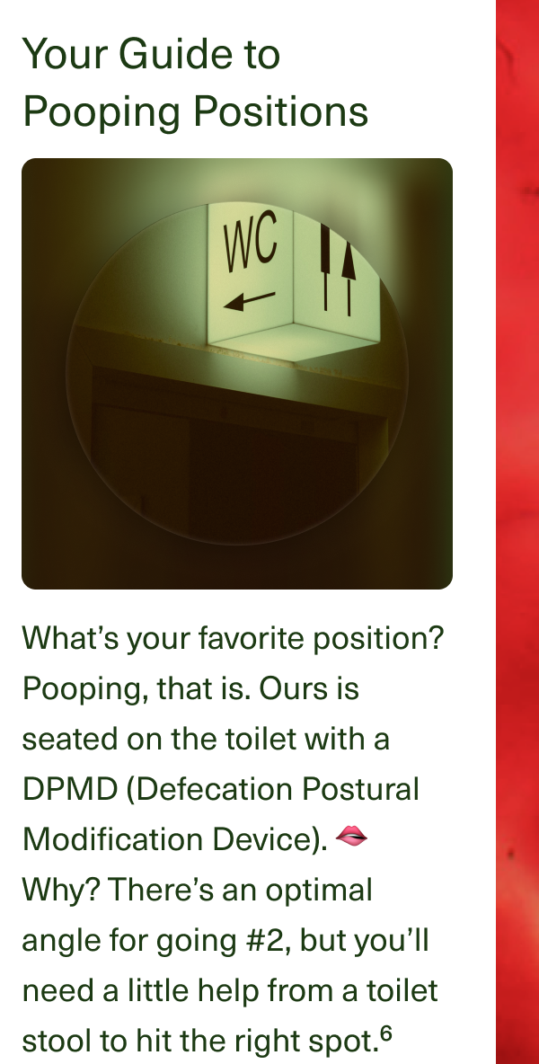 Your Guide to Pooping Positions. What’s your favorite position? Pooping, that is. Ours is seated on the toilet with a DPMD (Defecation Postural Modification Device). 🫦 Why? There’s an optimal angle for going #2, but you’ll need a little help from a toilet stool to hit the right spot.⁶