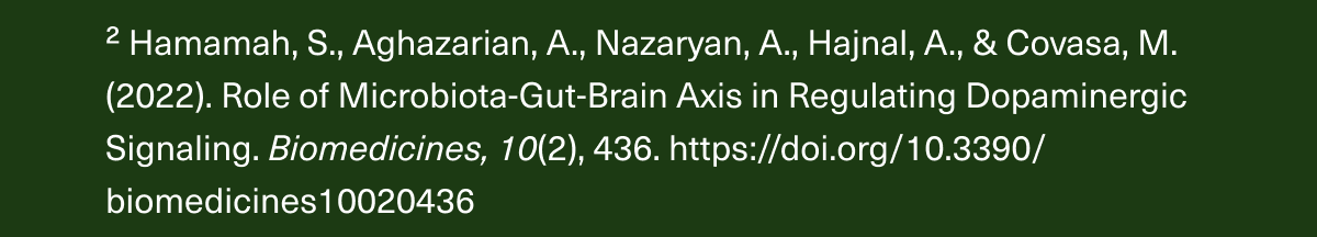 ² Hamamah, S., Aghazarian, A., Nazaryan, A., Hajnal, A., & Covasa, M. (2022). Role of Microbiota-Gut-Brain Axis in Regulating Dopaminergic Signaling. Biomedicines, 10(2), 436. https://doi.org/10.3390/biomedicines10020436