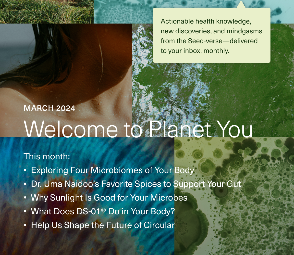 March 2024. Welcome to Planet You. This month: Exploring Four Microbiomes of Your Body. Dr. Uma Naidoo’s Favorite Spices to Support Your Gut. Why Sunlight Is Good for Your Microbes. What Does DS-01® Do in Your Body? Help Us Shape the Future of Circular