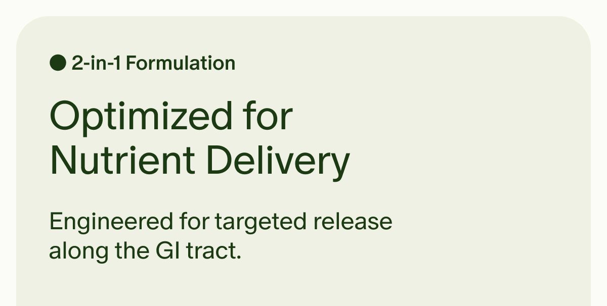 2-in-1 Formulation | Optimized for Nutrient Delivery | Engineered for targeted release along the GI tract.