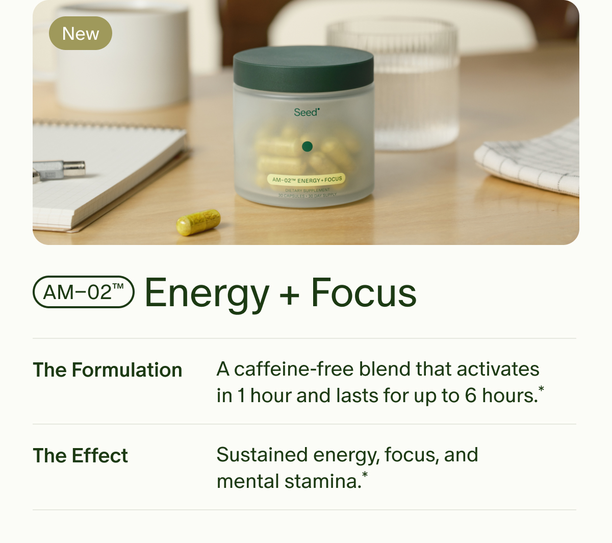New | AM–02™ | Energy + Focus | The Formulation | A caffeine-free blend that activates in 1 hour and lasts for up to 6 hours.* | The Effect | Sustained energy, focus, and mental stamina.*