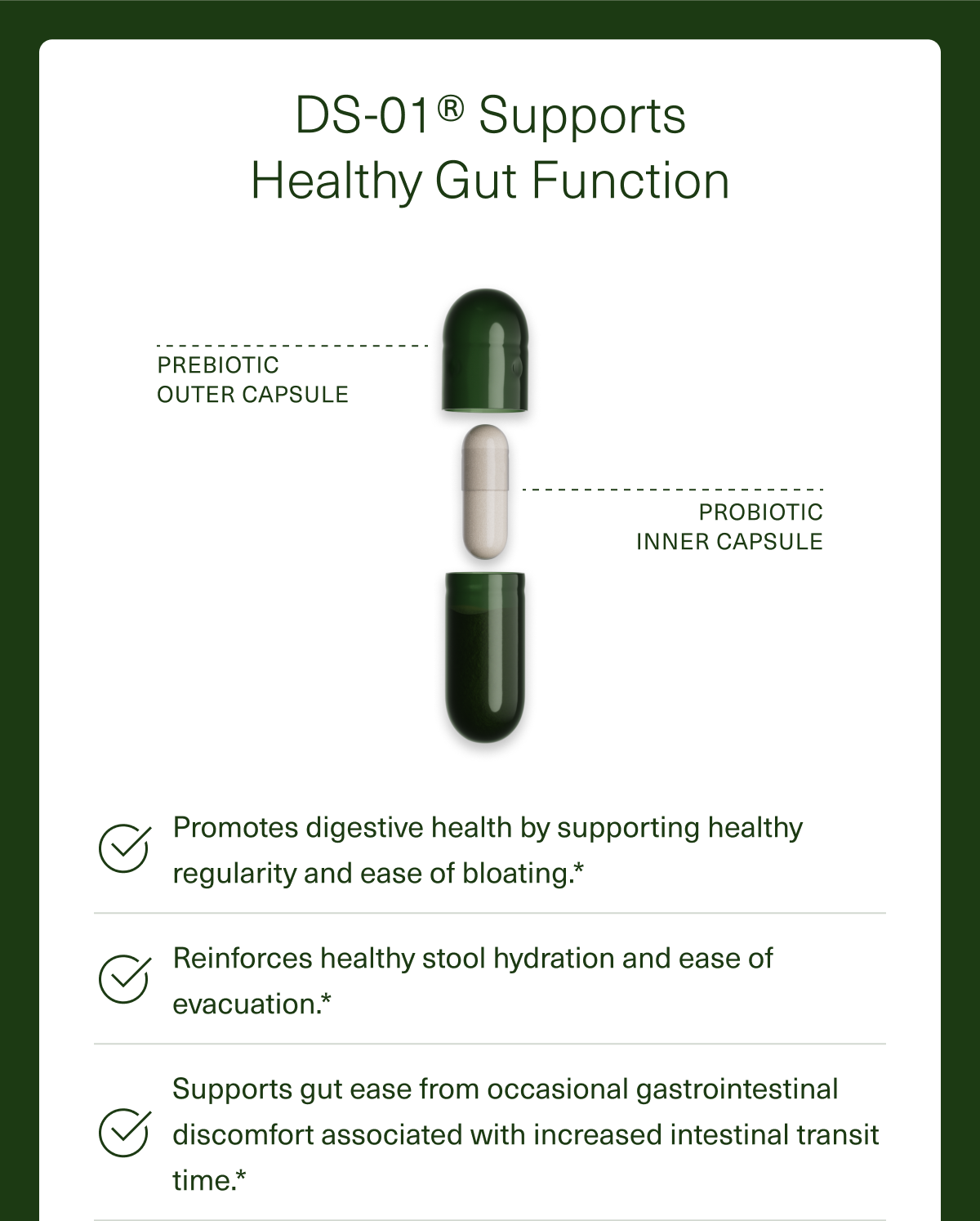 DS-01® Supports Healthy Gut Function. PREBIOTIC OUTER CAPSULE PROBIOTIC INNER CAPSULE. Promotes digestive health by supporting healthy regularity and ease of bloating.* Reinforces healthy stool hydration and ease of evacuation.* Supports gut ease from occasional gastrointestinal discomfort associated with increased intestinal transit time.*