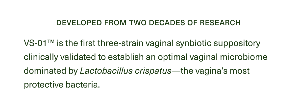 Developed from two decades of research. VS-01™ is the first three-strain vaginal synbiotic suppository clinically validated to establish an optimal vaginal microbiome dominated by Lactobacillus crispatus—the vagina’s most protective bacteria. 