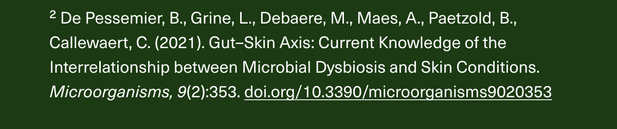 ²De Pessemier, B., Grine, L., Debaere, M., Maes, A., Paetzold, B., Callewaert, C. (2021). Gut–Skin Axis: Current Knowledge of the Interrelationship between Microbial Dysbiosis and Skin Conditions. Microorganisms, 9(2):353. doi.org/10.3390/microorganisms9020353