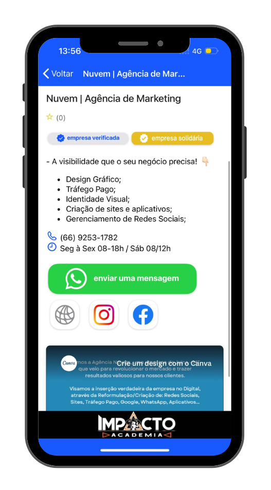 Exemplo de página de empresa no App
