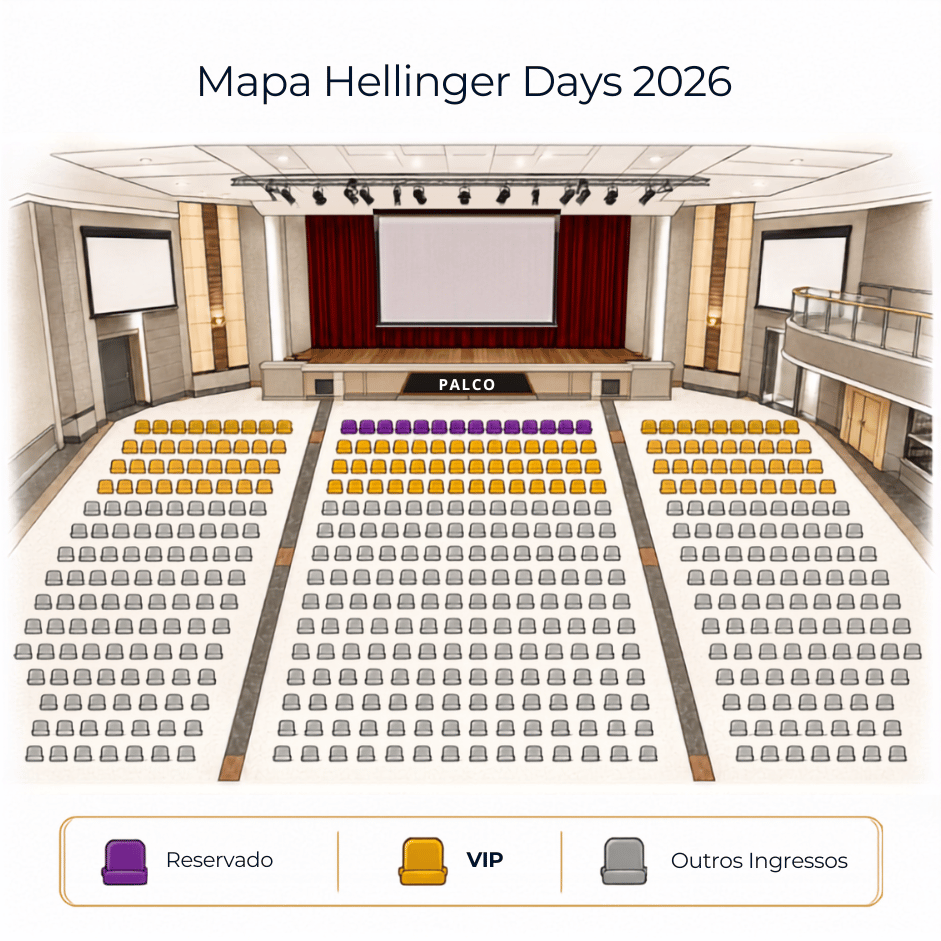Mapa de assentos do Hellinger Days Brasil 2026, com indicação da área VIP e da plateia.