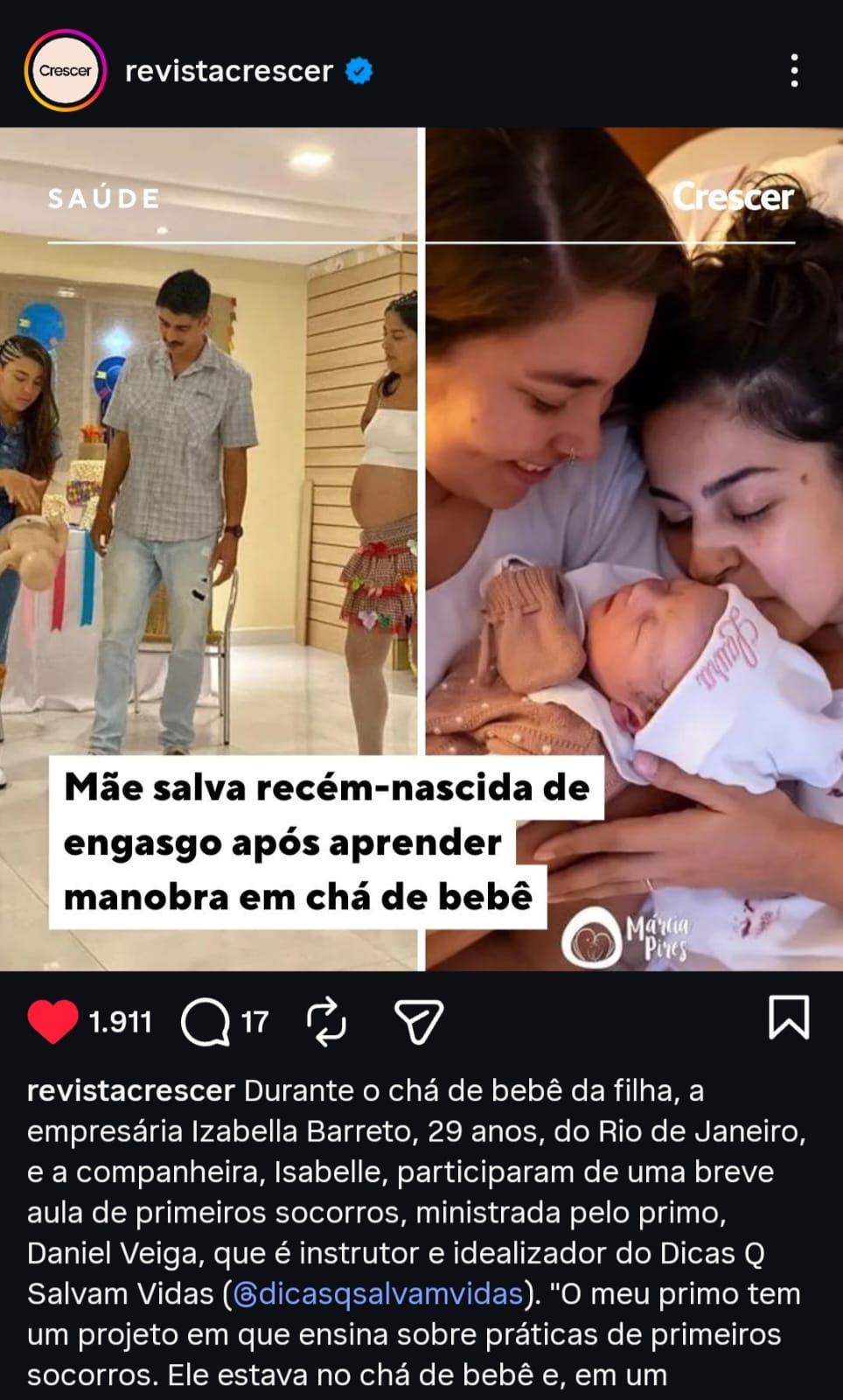 Revista Crescer — vida salva após Daniel ensinar manobra em chá de bebê