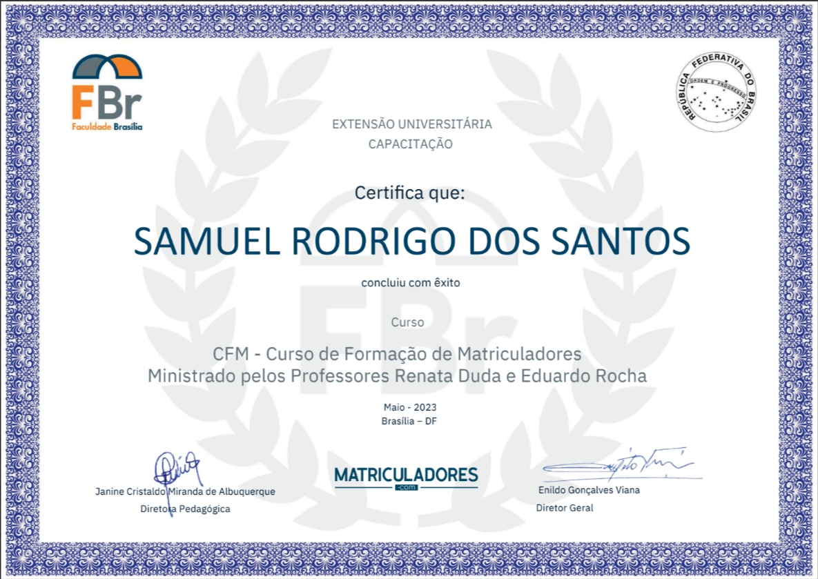 Certificado do Curso de Formação de Matriculadores