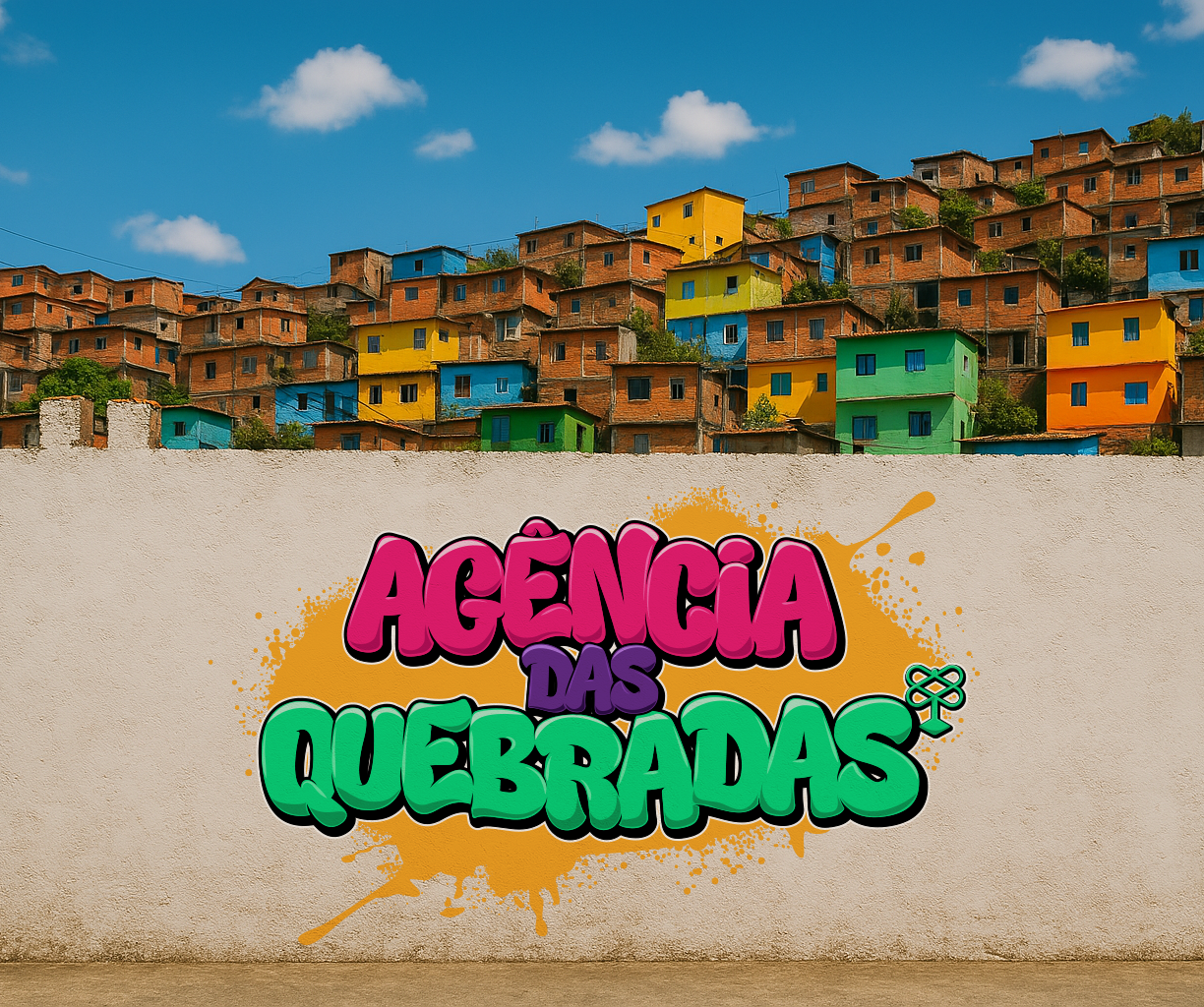 <img src="grafite-capa.jpg" alt="Grafite com muro branco em favela brasileira representando a Agência das Quebradas, projeto de cultura periférica" />