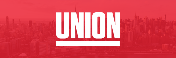 Graphic with red transparent background with picture of New York City skyline and white Union logo