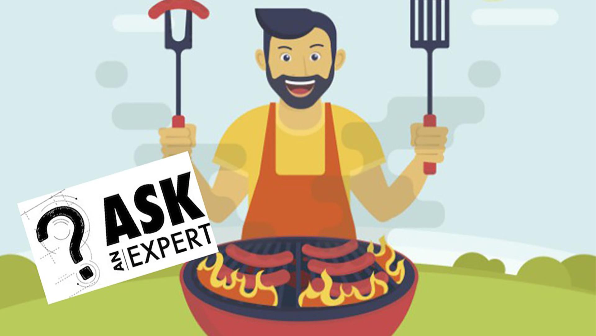 Ask an Expert - A cartoon man with black hair and a beard cooks hotdogs on a red grill outside.