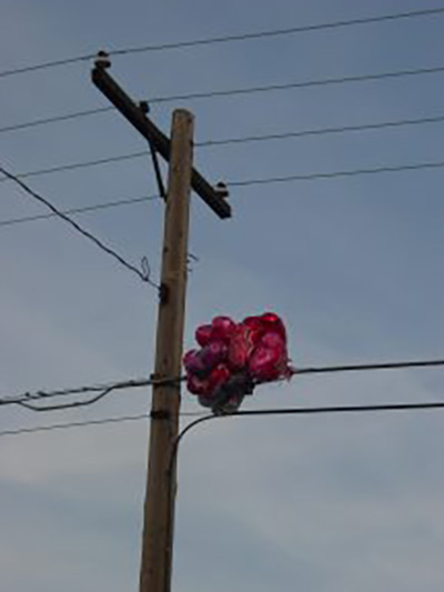 Bunch of Valentines balloons caught in power lines.