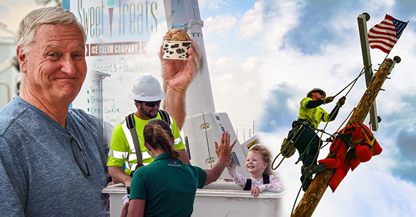 Last year's member appreciation event collage: member with ice cream, high five kid in a bucket truck, lineworker does pole demonstration