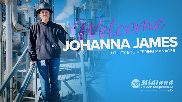 Welcome Johanna James Utility Engineering Manager - Photo: Woman wearing safety googles and hardhat in front of power generation facility.