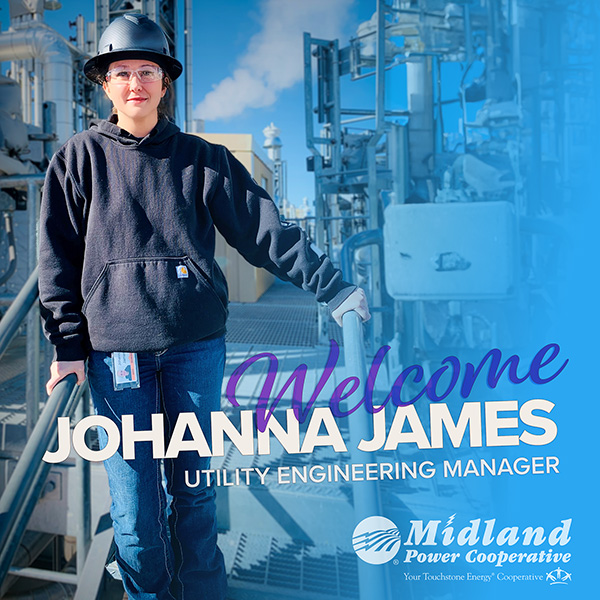 Welcome Johanna James Utility Engineering Manager - Photo: Woman wearing safety googles and hardhat in front of power generation facility.