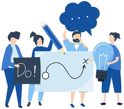 Illustration with people holding oversized pencil, lightbulb, thought bubble, and sign that says Do!