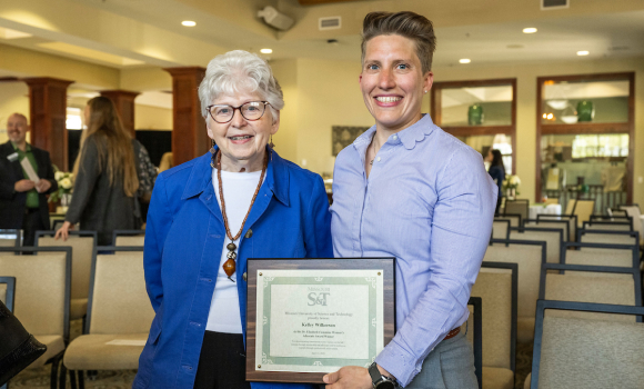 Dr. Elizabeth Cummins, left, with Dr. Kelley Wilkerson, the 2023 recipient of the Dr. Elizabeth Cummins Women’s Advocate Award. Cummins is a professor emerita of English and technical communication and Missouri S&T’s first Woman of the Year. Photo by Michael Pierce, Missouri S&T. 